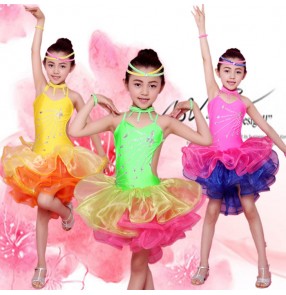 Rainbow colored girls kids children competition professional performance gymnastics latin salsa cha cha  dance dresses outfits